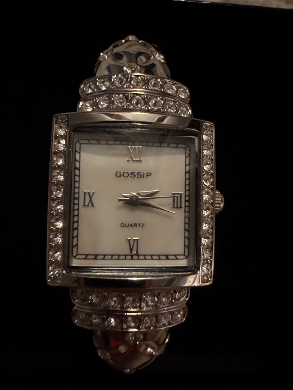 Gossip Silver Crystal-Accented Women Quartz Watch w/ White Dial cuff bracelet